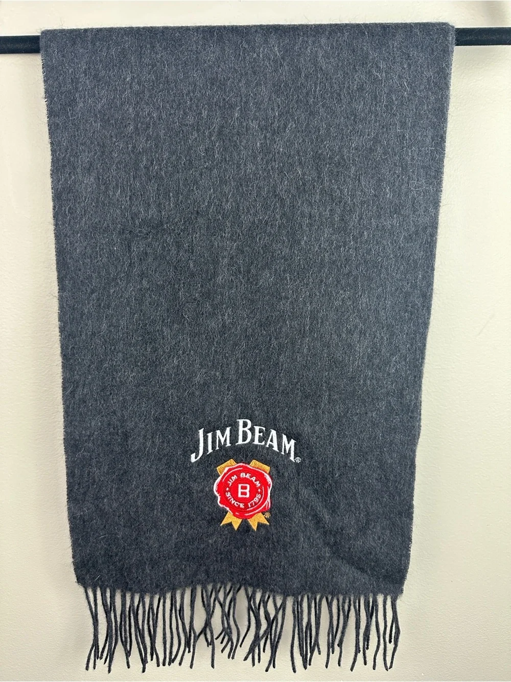90s Vintage Promo Jim Beam Charcoal Gray Embroidered Wool Fringed Scarf NEW!